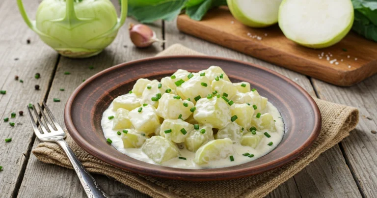 Zartes Kohlrabigemüse in cremiger Sauce, garniert mit frischen Kräutern.