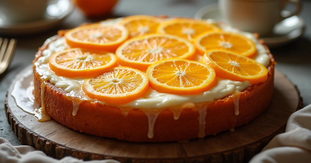 Homemade Mandarinen Schmand Kuchen topped with fresh mandarin slices and glossy glaze on a rustic cake stand