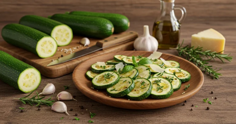 Frisch zubereitetes rezept zucchini mit gerösteten Zucchinischeiben, Kräutern und Parmesan in einer rustikalen Küchenumgebung.