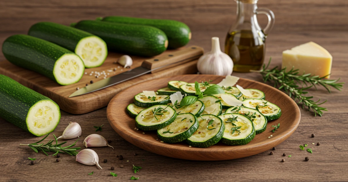 Frisch zubereitetes rezept zucchini mit gerösteten Zucchinischeiben, Kräutern und Parmesan in einer rustikalen Küchenumgebung.