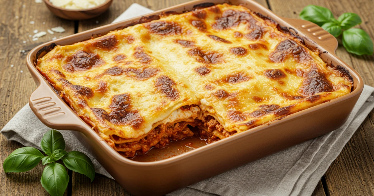 Lasagne Rezept einfach – Einfache Zubereitung für leckere Lasagne mit goldbrauner Käsekruste und sichtbaren Schichten aus Pasta, Tomatensauce und Käse