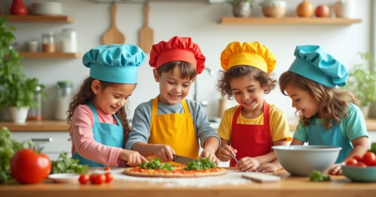-Kindern Kochen beim gemeinsamen Kochen, mit bunten Schürzen und Kochmützen