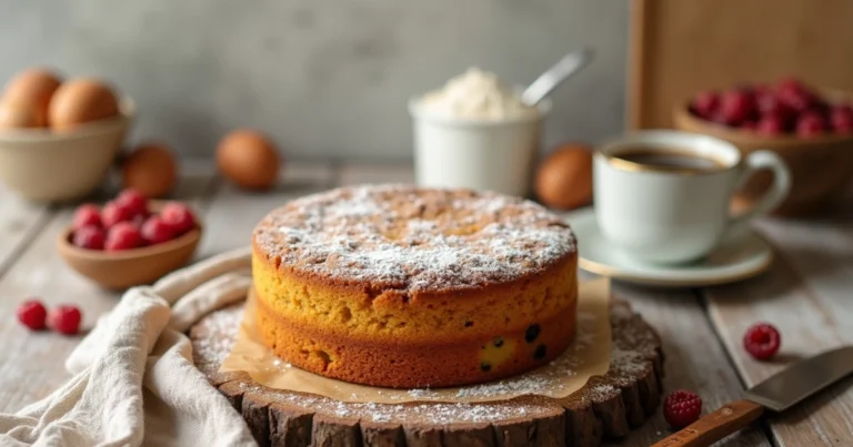 Einfacher Kuchen auf einem Holztisch mit Puderzucker bestreut, umgeben von frischen Zutaten und einer Tasse Kaffee.