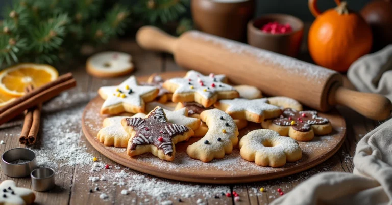 Bunte, frisch gebackene Plätzchen Rezept in verschiedenen Formen auf einem rustikalen Holztisch, verziert mit Zuckerstreuseln und Puderzucker.