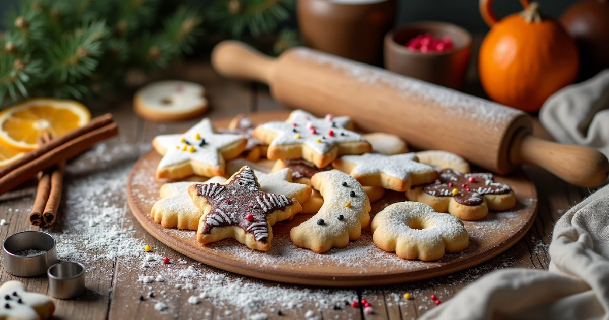 Bunte, frisch gebackene Plätzchen Rezept in verschiedenen Formen auf einem rustikalen Holztisch, verziert mit Zuckerstreuseln und Puderzucker.