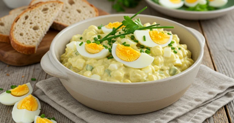 Hausgemachter Eiersalat mit frischen Kräutern und Brot auf einem rustikalen Holztisch – Eiersalat selber machen.