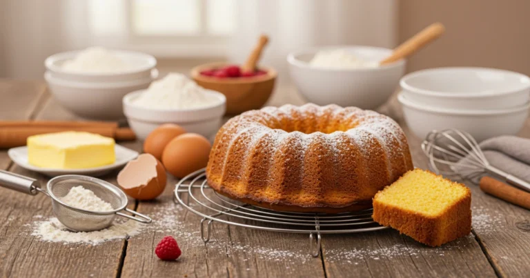 Frisch gebackener Kuchen auf einem Holztisch mit Zutaten wie Mehl, Eiern und Beeren – Szene vom Kuchen backen in einer gemütlichen Küche.