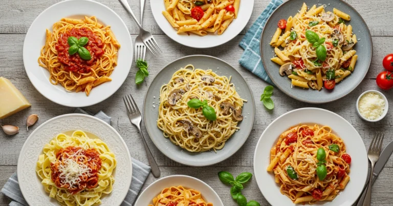 Verschiedene Gerichte mit Nudeln auf einem Holztisch, darunter Spaghetti mit Tomatensauce, Tagliatelle mit Pilzen und bunter Nudelsalat