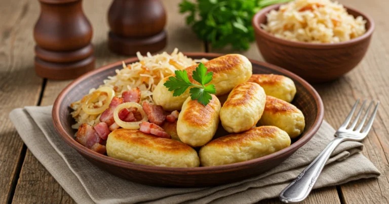 Rustic plate of pan-fried schupfnudel gerichte with crispy bacon, caramelized onions, and sauerkraut, garnished with fresh parsley