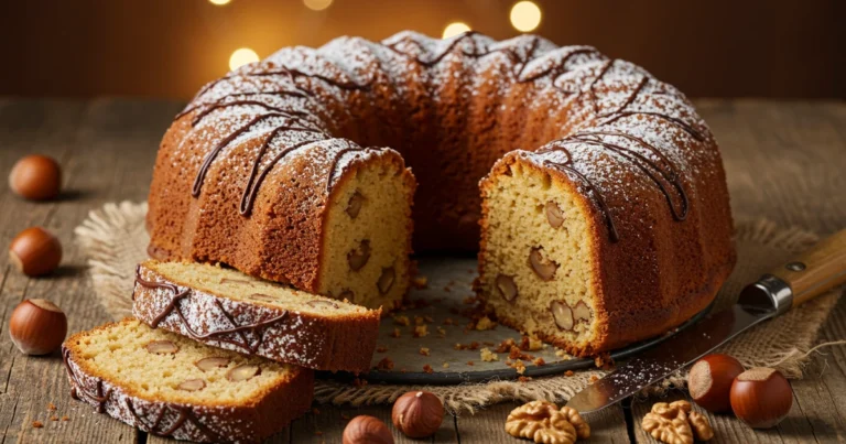 Moist and fluffy saftiger Nusskuchen with a golden-brown crust, sliced to reveal a soft, nut-filled interior, garnished with powdered sugar and whole hazelnuts.