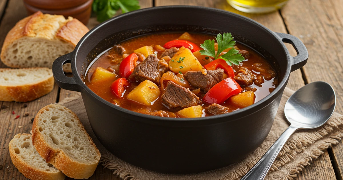 Herzhafte Gulaschsuppe mit Rindfleisch, Paprika und Kartoffeln im rustikalen Topf serviert