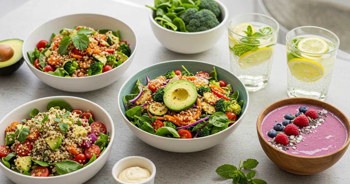 Bunte Auswahl an gesunden Rezepten mit frischem Salat, Gemüsepfanne, Smoothie-Bowl und Detox-Wasser