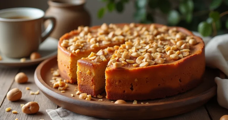 Saftiger Haselnusskuchen mit gehackten Haselnüssen auf rustikalem Holzteller serviert