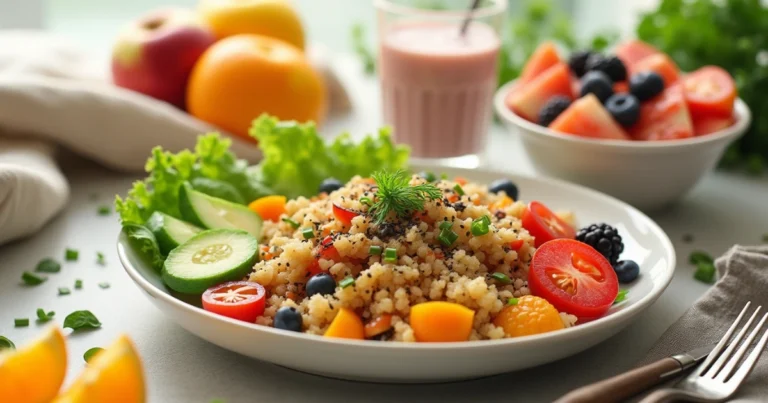 Gesundes Essen mit bunter Quinoa-Bowl, frischem Obst und Smoothie-Bowl auf einem hellen Tisch