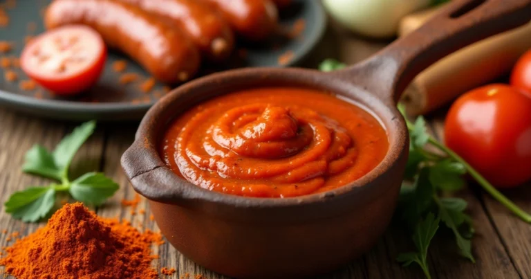 Schüssel mit würziger Currywurst Sauce, umgeben von Curry und Gewürzen auf rustikalem Untergrund