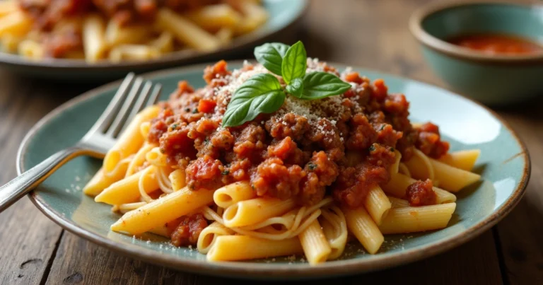 nudeln mit hackfleisch und Hackfleischsauce, garniert mit frischen Kräutern und Parmesan