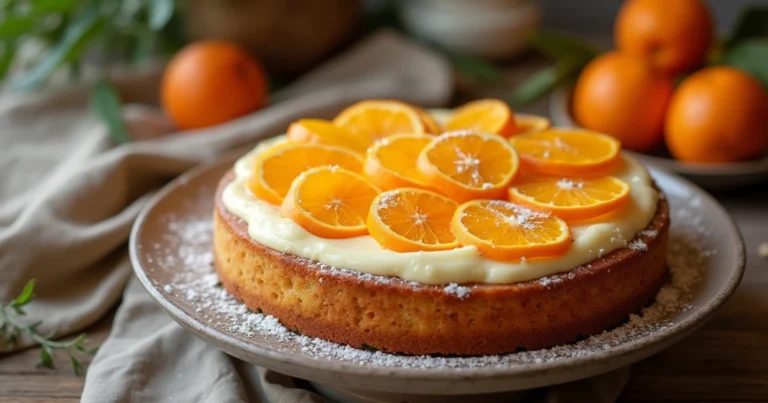 Schmandkuchen mit Mandarinen auf einem rustikalen Kuchenständer, garniert mit Mandarinenstücken und Puderzucker