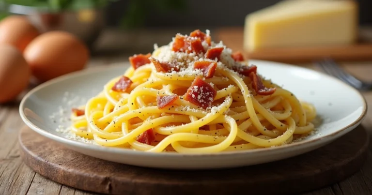 carbonara rezept original mit knusprigem Guanciale, Pecorino Romano und frisch gemahlenem Pfeffer – authentisches italienisches Rezept.