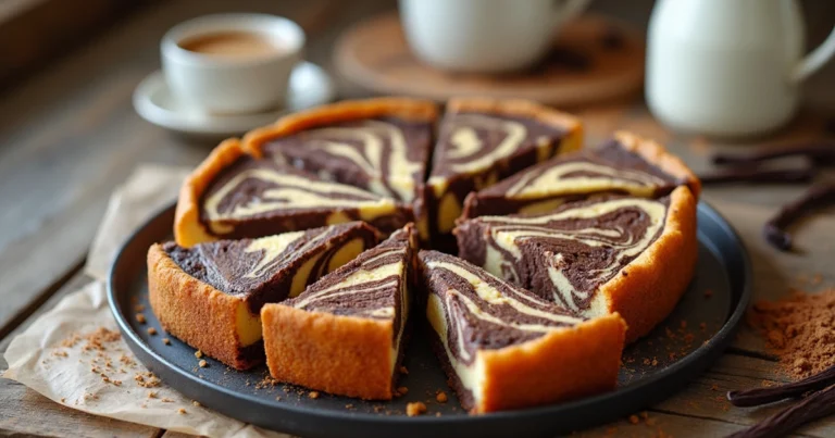 Frisch gebackener veganer Marmorkuchen mit fluffiger Schoko-Vanille-Marmorierung auf einem Holztisch.