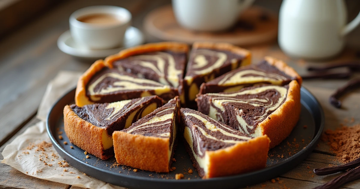 Frisch gebackener veganer Marmorkuchen mit fluffiger Schoko-Vanille-Marmorierung auf einem Holztisch.
