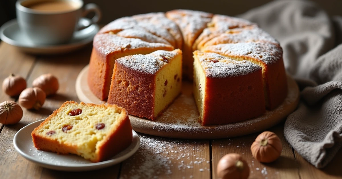 Frischhaselnuss kuchen mit Puderzucker bestäubt, daneben ganze Haselnüsse und eine Tasse Kaffee.