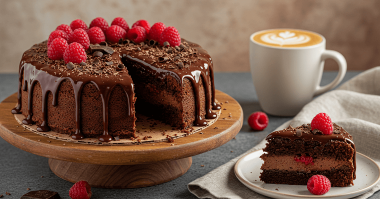 Saftiger veganer Schokokuchen mit glänzendem Schokoladenguss, garniert mit frischen Himbeeren und Kakao-Pulver auf einem rustikalen Holztisch.