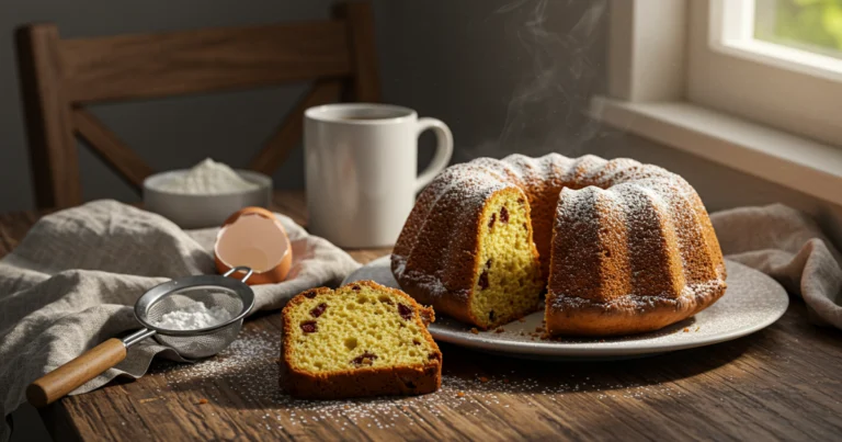 Ein schneller und einfacher Sonntagskuchen frisch gebacken auf einem rustikalen Holztisch mit Puderzucker bestreut