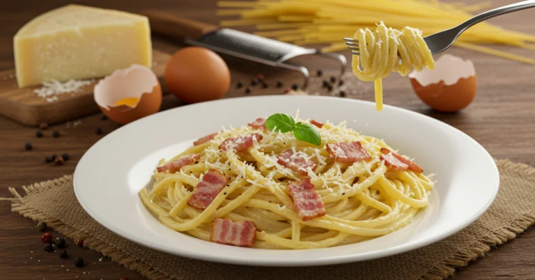 Klassisches Spaghetti Carbonara Rezept mit cremiger Sauce, knusprigem Speck und Parmesan