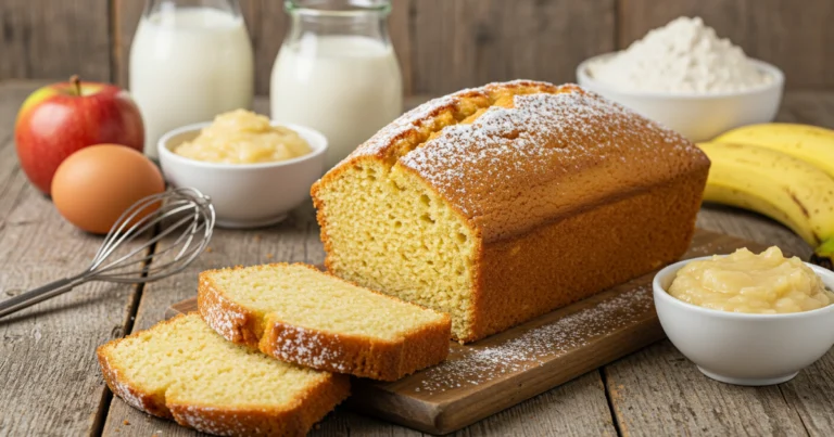 Saftiger veganer Rührkuchen mit Puderzucker bestäubt auf rustikalem Holztisch