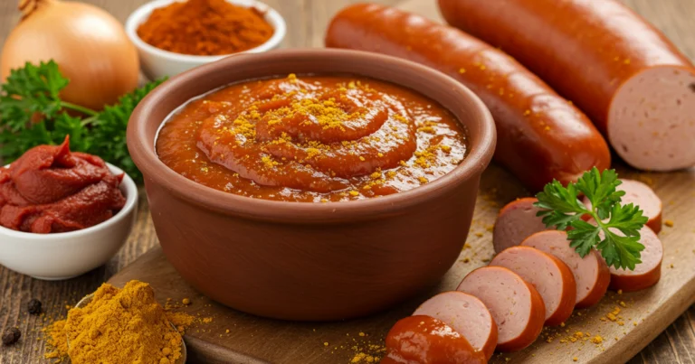 "Herzhafte Currywurst Soße in einer Schüssel mit Gewürzen und frischer Petersilie garniert