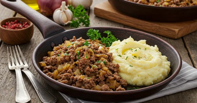 Herzhaftes Gericht mit Hackfleisch, Zwiebeln und Kräutern auf rustikalem Teller serviert