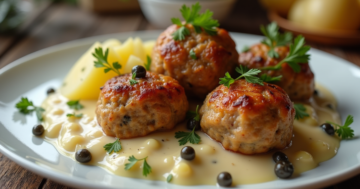 Königsberger Klopse mit Kapernsauce und Salzkartoffeln, serviert auf einem weißen Teller.