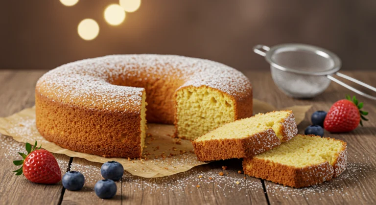 Ein goldbrauner, einfacher Kuchen mit zarter Kruste, bestäubt mit Puderzucker und garniert mit frischen Beeren auf einem rustikalen Holztisch