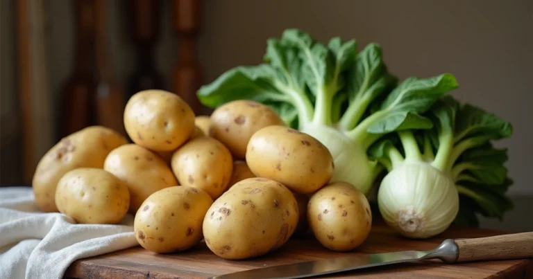 Fresh potatoes (Kartoffeln) and kohlrabi (Kohlrabi) on a rustic wooden table with natural lighting.