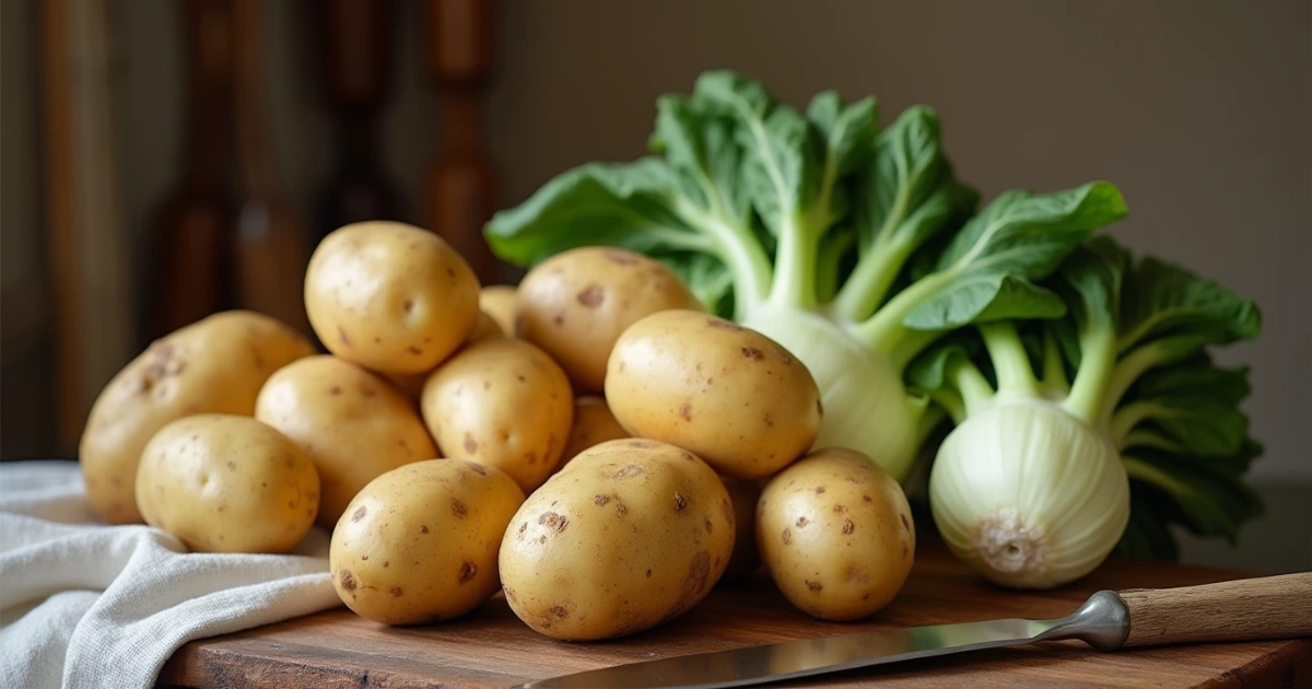 Fresh potatoes (Kartoffeln) and kohlrabi (Kohlrabi) on a rustic wooden table with natural lighting.