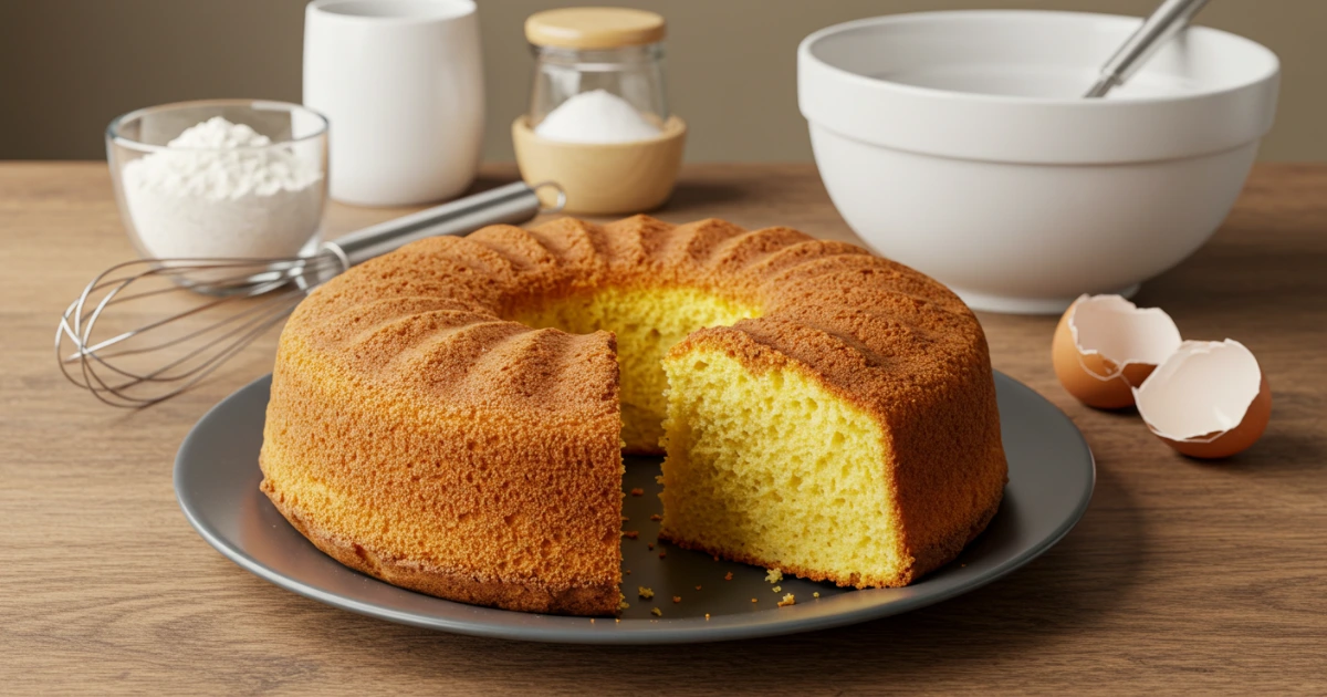 Einfacher, schnell gebackener Kuchen auf einem Holztisch mit wenigen Zutaten im Hintergrund.