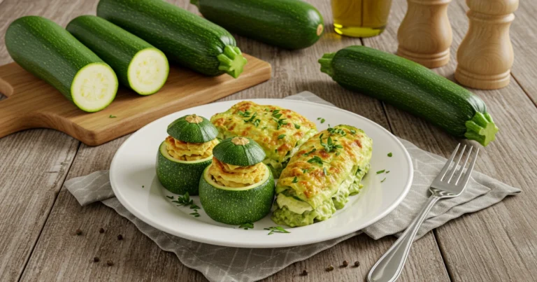 Frisch rezept von zucchini-Gericht auf einem rustikalen Holztisch mit Kräutern und Zutaten im Hintergrund.