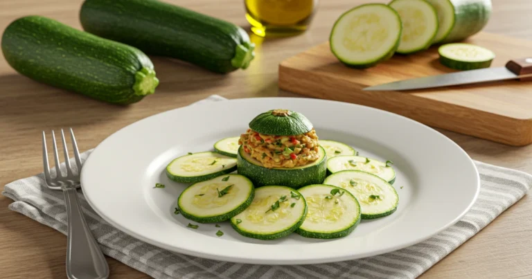 Schnelle zubereitetes Zucchini-Gericht mit frischen Kräutern auf einem Teller, ideal für eine gesunde Mahlzeit.