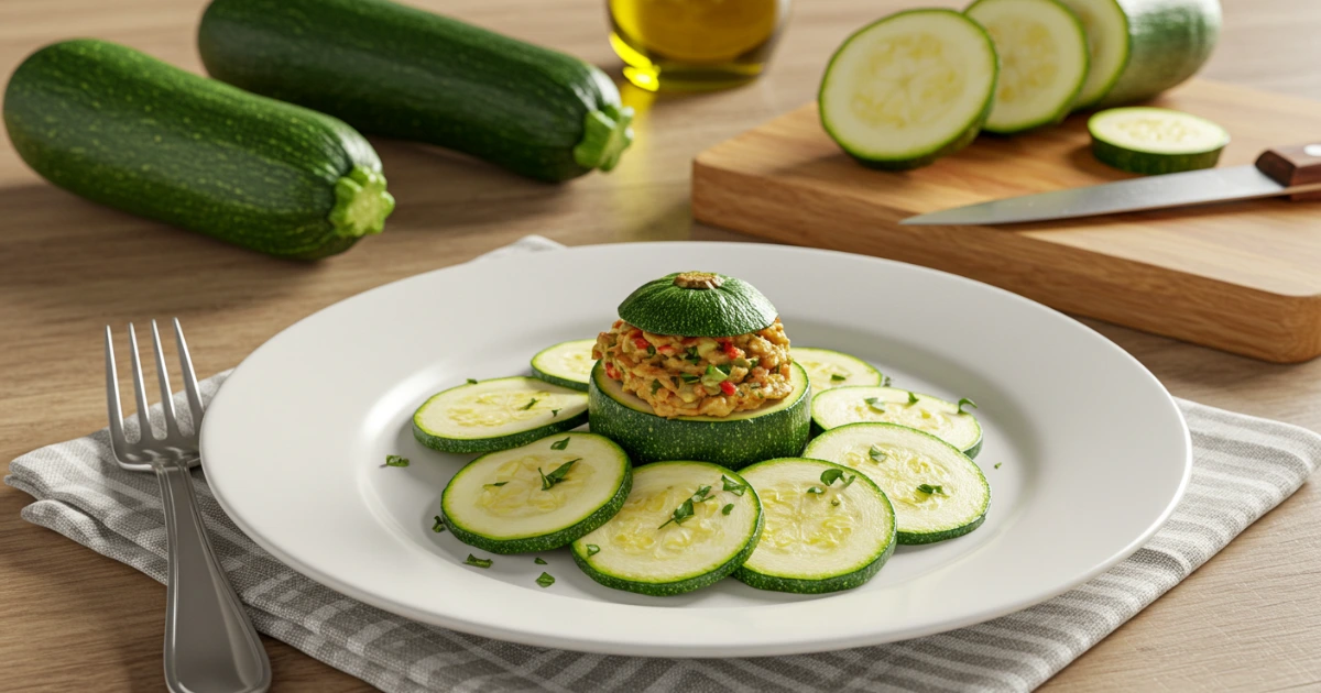 Schnelle zubereitetes Zucchini-Gericht mit frischen Kräutern auf einem Teller, ideal für eine gesunde Mahlzeit.
