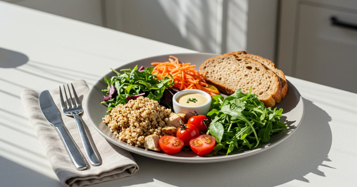 Nährstoffreiches gesundes Mittagessen mit frischem Gemüse, Proteinen und einer ausgewogenen Beilage auf einem Teller.