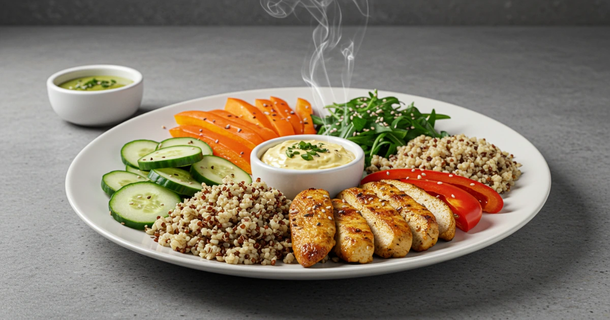 mittagessen schnell gesund Mittagessen mit frischen Zutaten auf einem Teller.