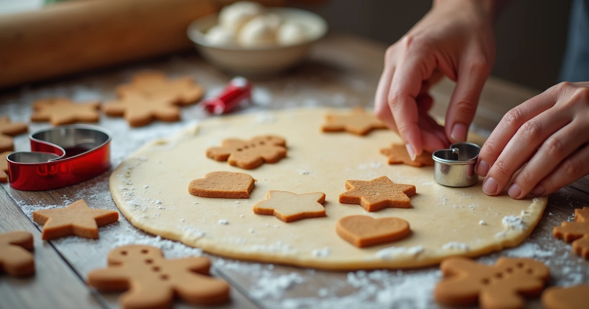 Kekse ausstechen Plätzchen auf einem bemehlten Holztisch mit verschiedenen Ausstechformen.
