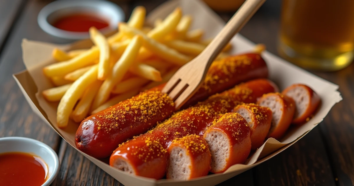 currywurst rezept mit Currysauce und Pommes in einer Papierschale.