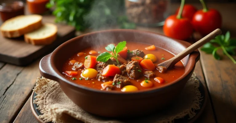 Klassische ungarische Gulaschsuppe mit Gemüse und Paprika in einer Schüssel.