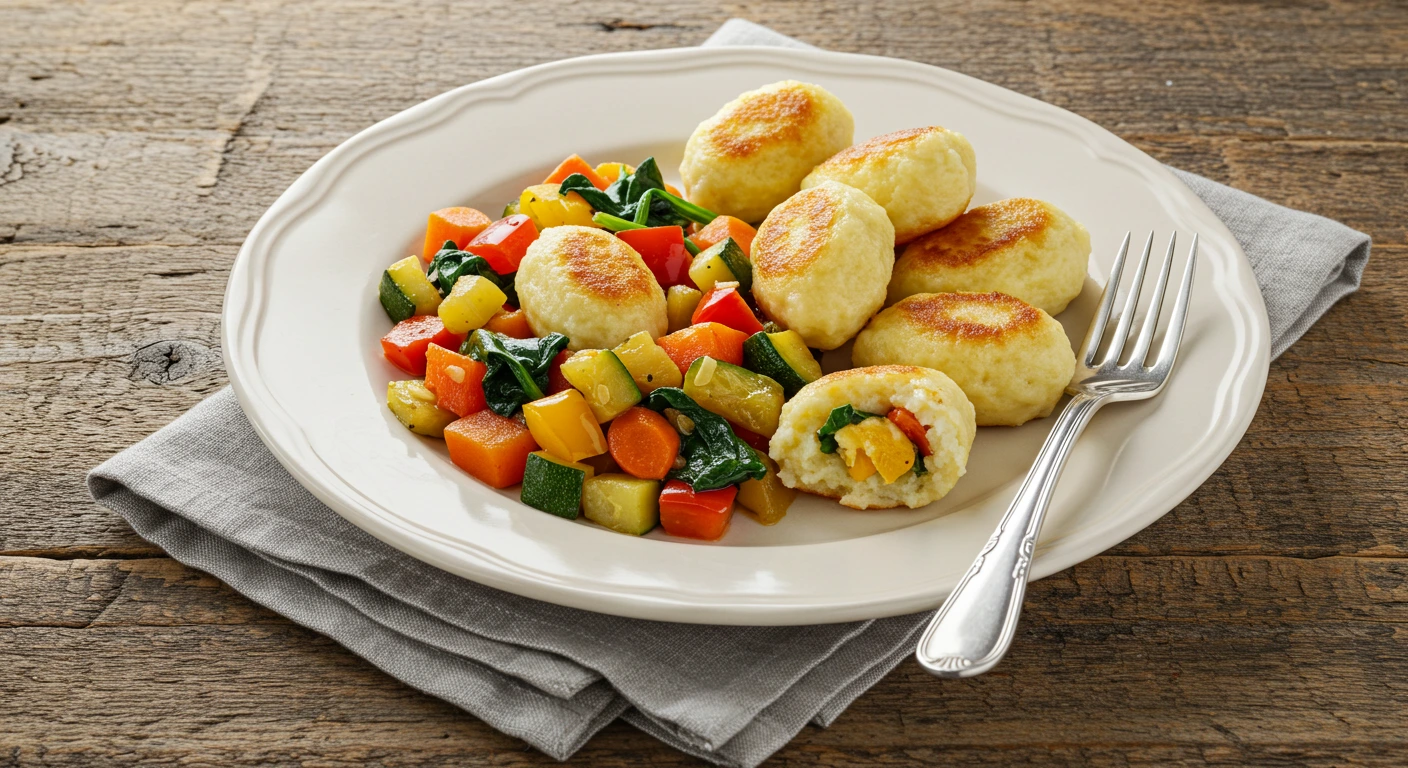 Schupfnudeln mit buntem Gemüse wie Paprika, Karotten und Zucchini, serviert auf einem rustikalen Teller
