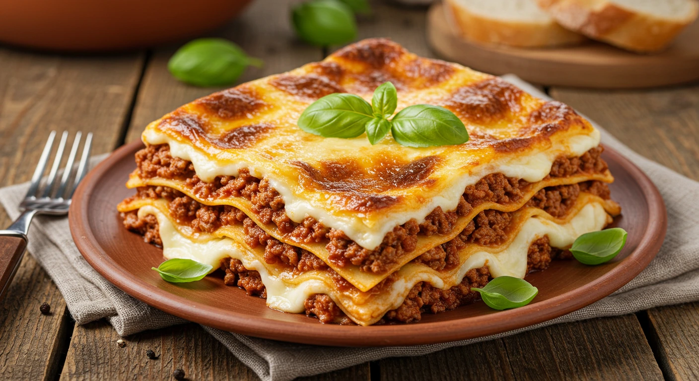 Authentische italienische Lasagne mit Bolognese, Béchamel und Mozzarella, frisch aus dem Ofen, garniert mit Basilikum