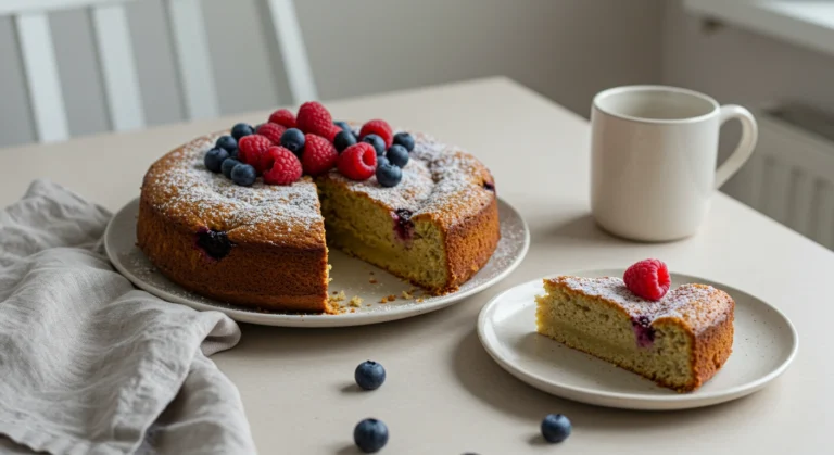 Veganer Kuchen mit Beeren und Puderzucker – schnell und einfach zubereitet