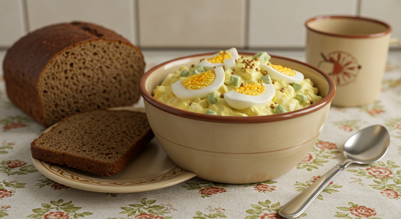 eiersalat ddr in einer vintage Schüssel mit Brot – klassisches Ost-Rezept aus gekochten Eiern, Mayonnaise und Zwiebeln