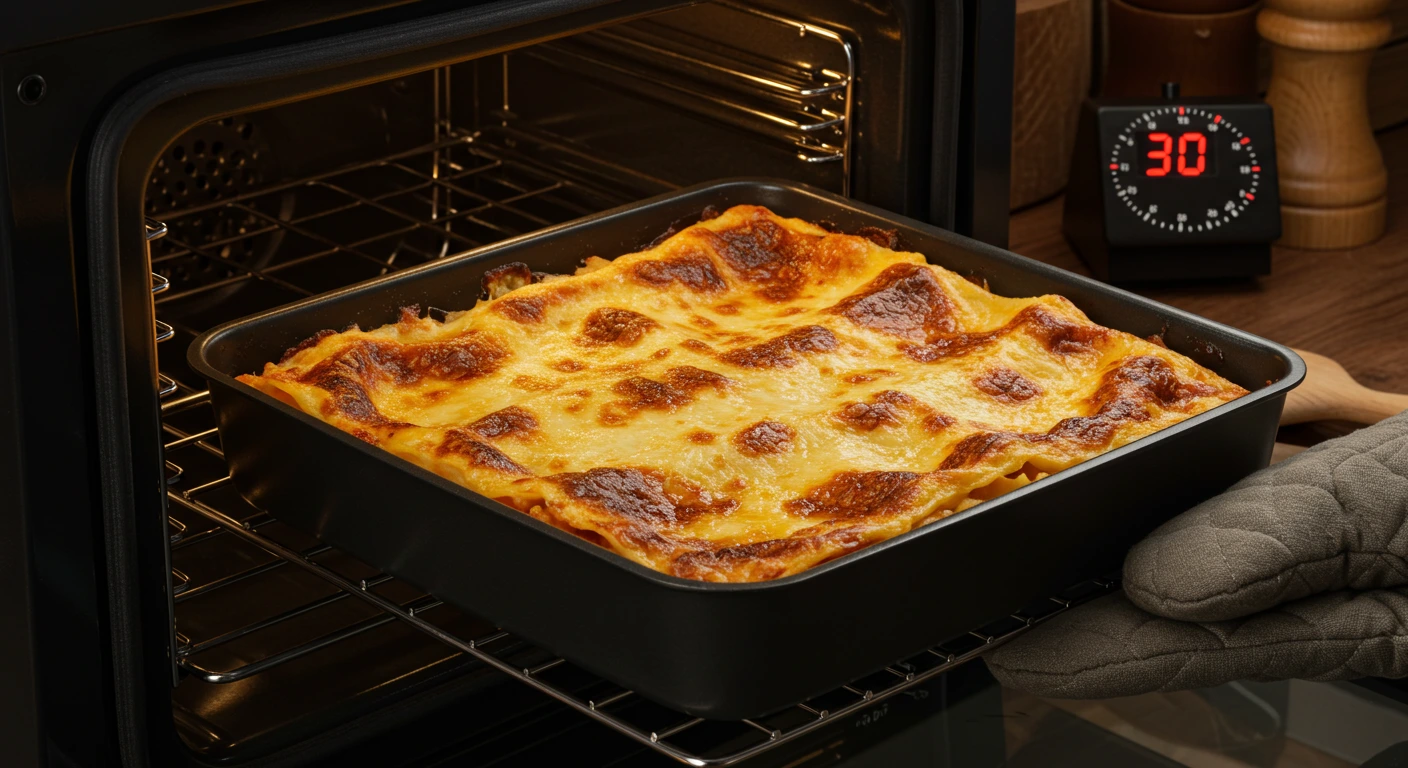 Lasagne frisch aus dem Ofen – goldbraune Käsekruste und klare Schichten