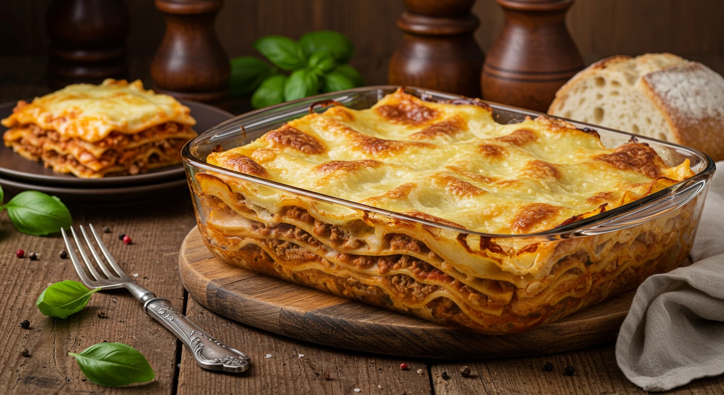Originalrezept Lasagne– frisch gebacken mit Schichten von Pasta, Tomatensauce und Käse